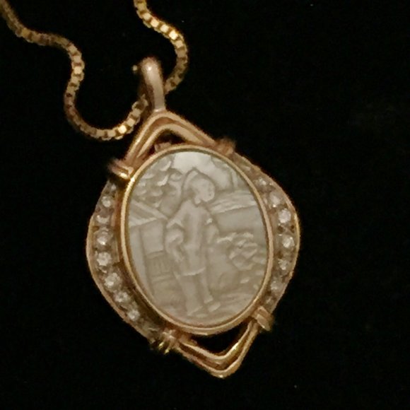 14k Diamond Mother of Pearl Pendant Necklace Enhancer Portrait Landscape MOP Vtg - Picture 10 of 14